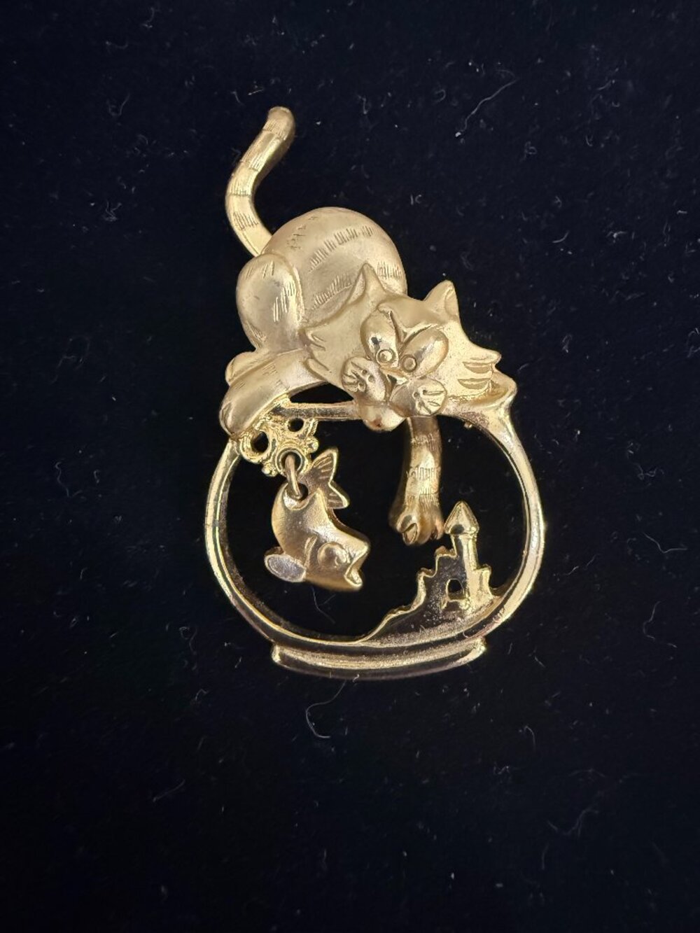 vintage brooch, cat reaching into fishbowl, moving parts
